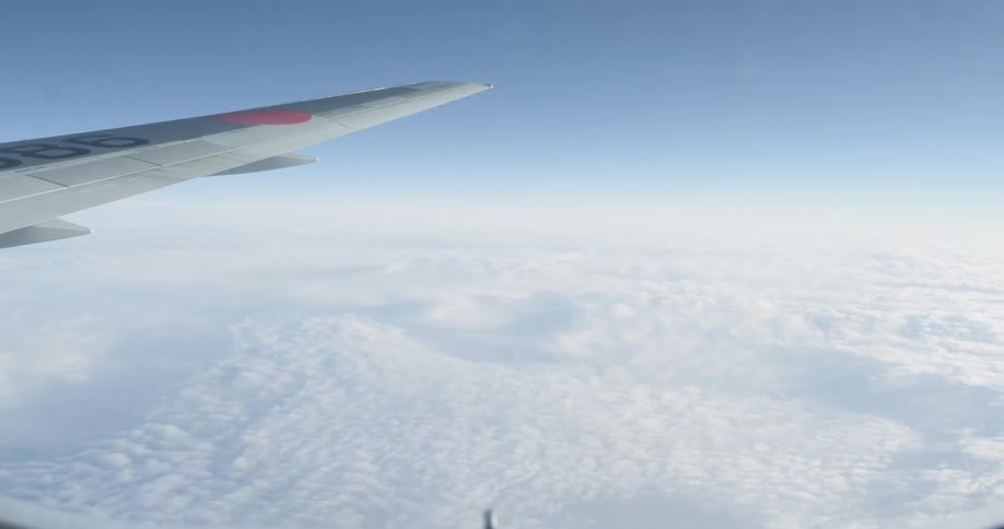 The plane is flying high over the clouds