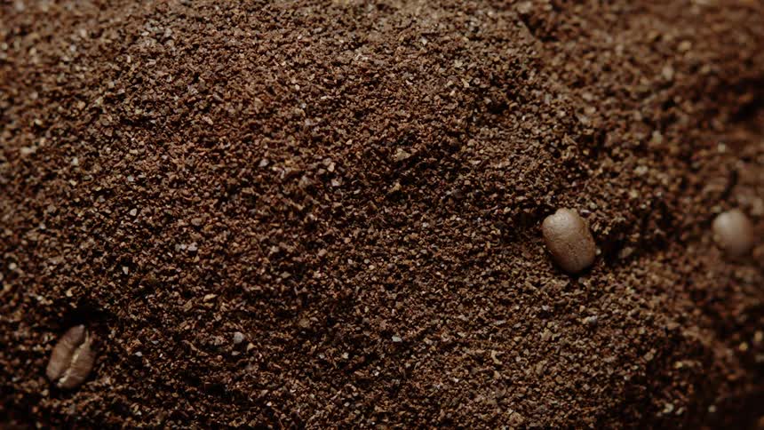 Coffee beans fall down into a large pile of coffee grounds