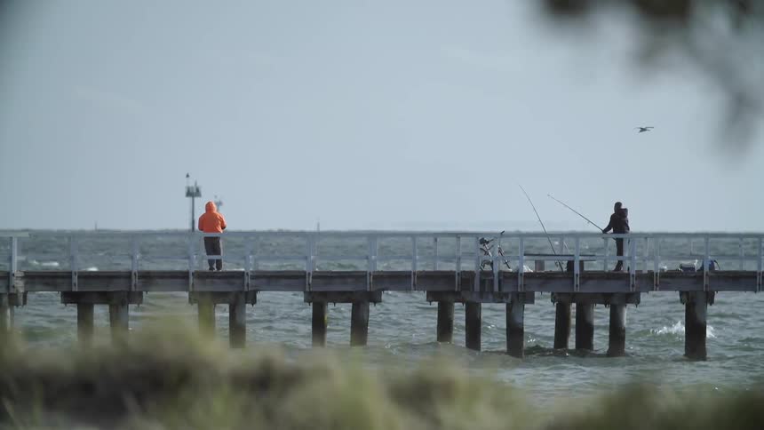 Two men fish from the pier