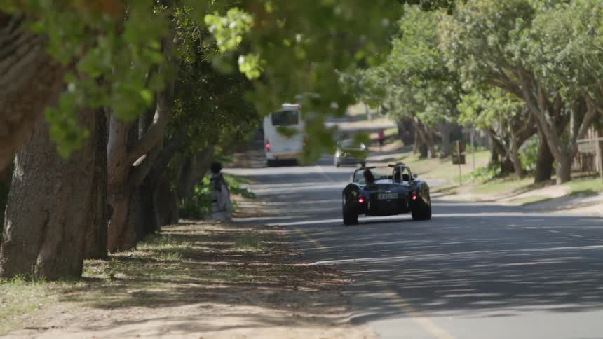 Car travels down the road near the trees