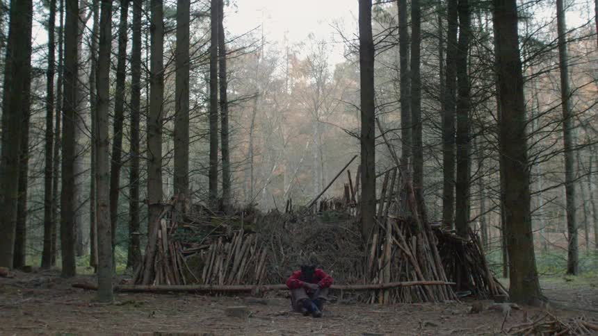 Man sits next to a pile of wood in a forest