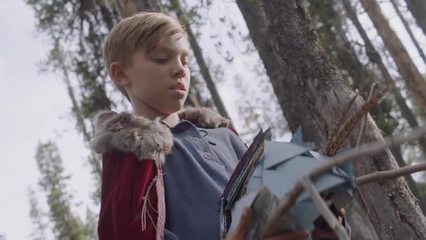 Boy holds a mask in a forest