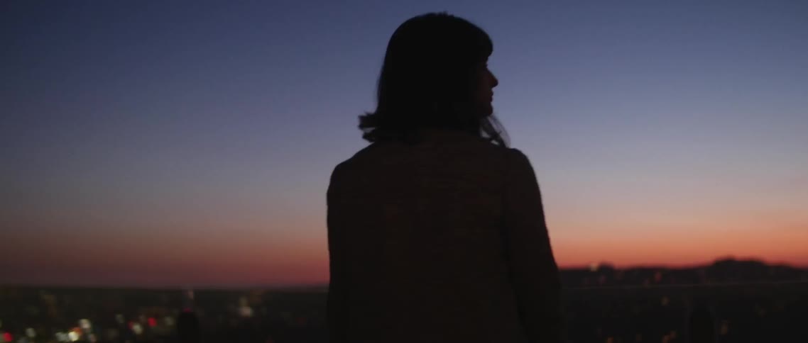 Woman overlooking a large city while the sun sets