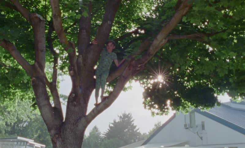 Woman walks through a door and out into a yard