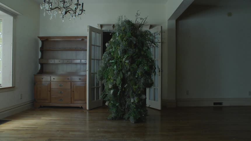 Person covered in leaves and twigs walks into an empty room