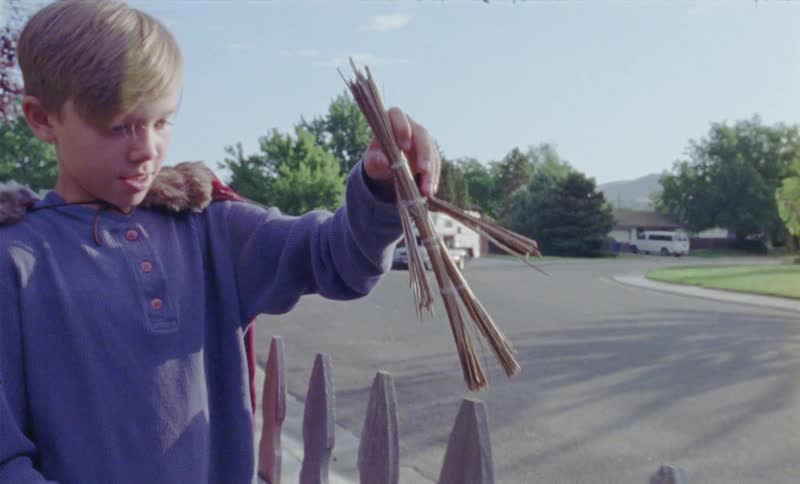 A child is playing with sticks in his yard