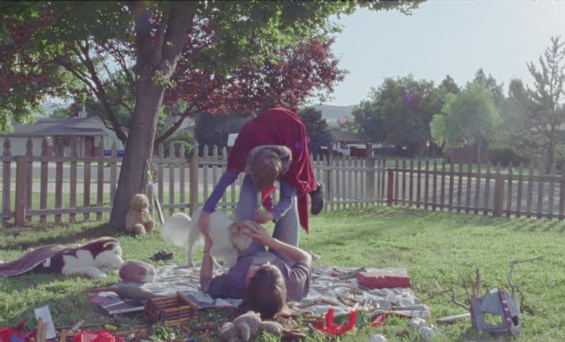 A man and woman play with a dog on a blanket on a sunny day