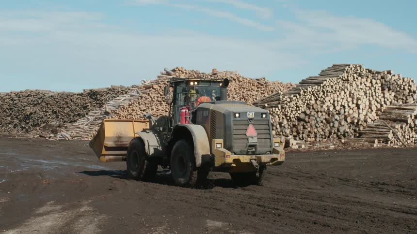 Tractor rolls down a dirt path next to large piles of logs