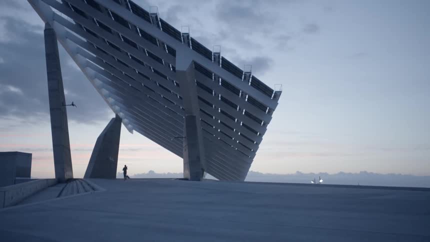 A man jogs under a angled art installation