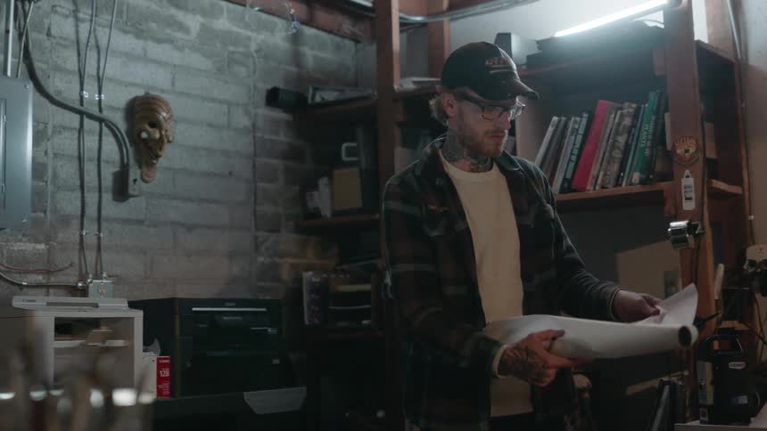A man is standing in a basement unrolling a sheet of paper in daylight
