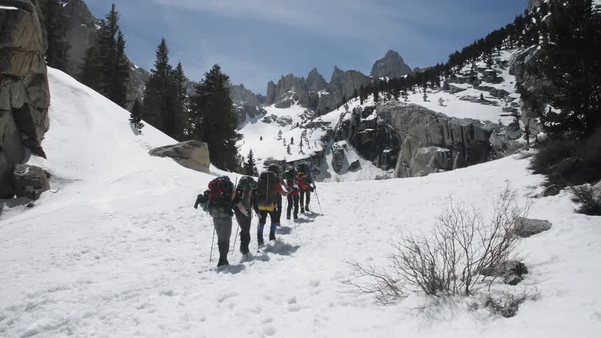 Hikers crossing snow