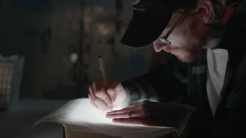 Man writes on paper on a lit up pen at night