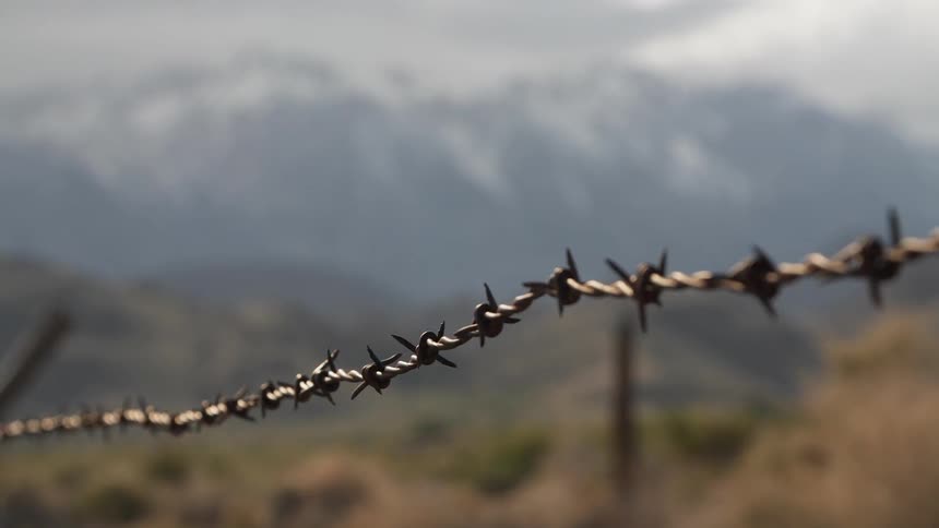 Barbed wire fence in a field near mountains