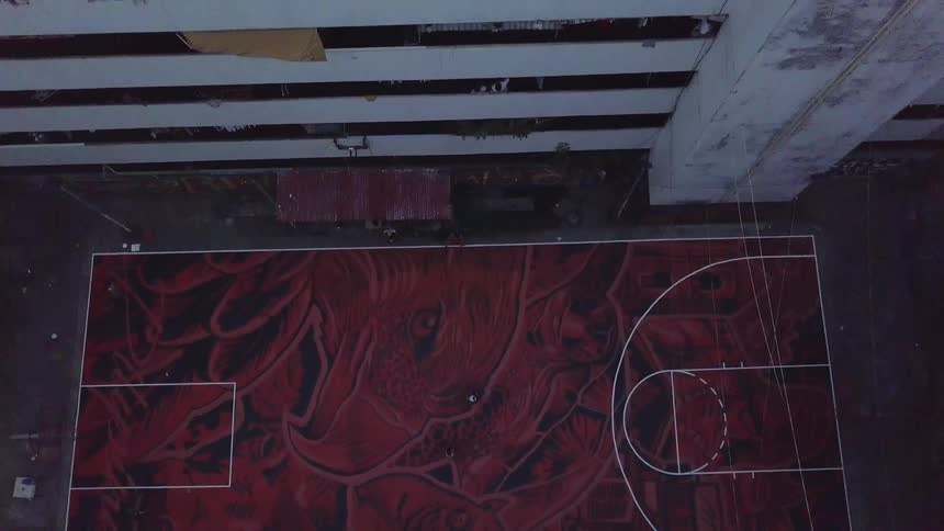 A basketball court in a courtyard is painted with images of an eagle