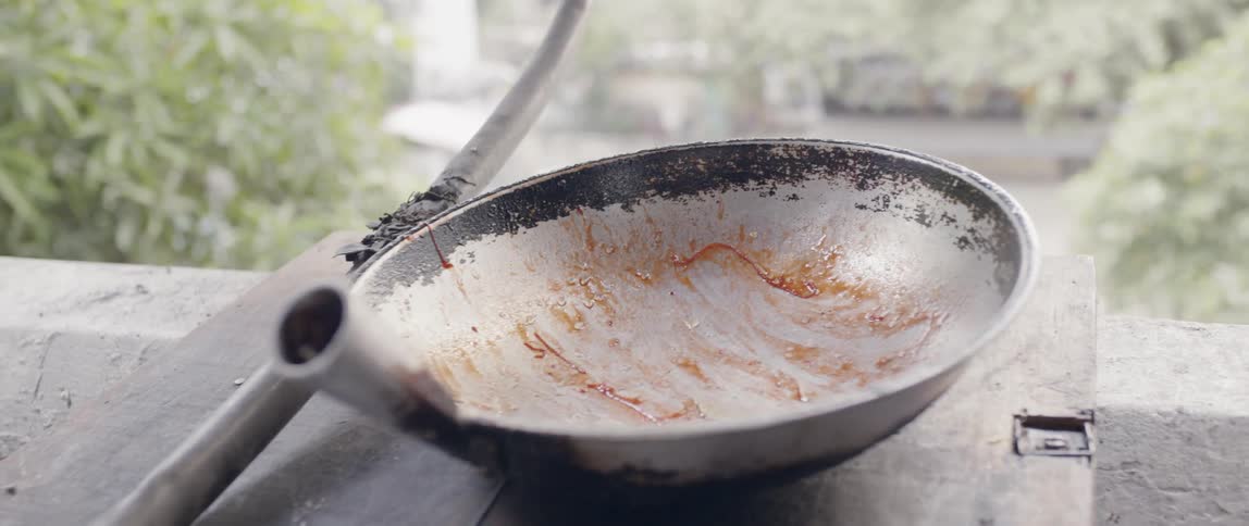 Soiled pan sits on a table