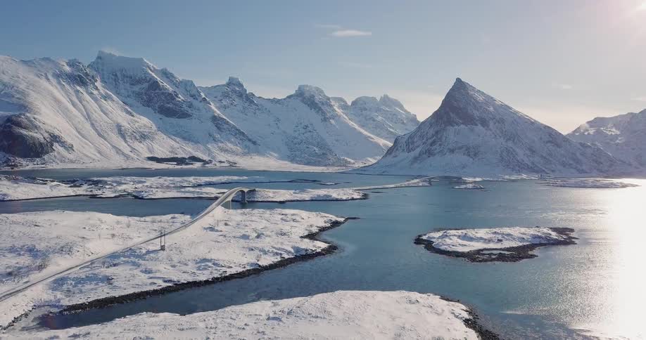 Snowy mountains surround a lake