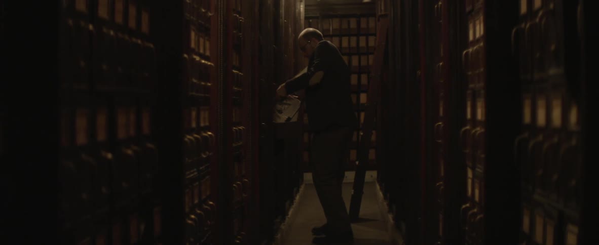 Man looking through a library pulling papers out