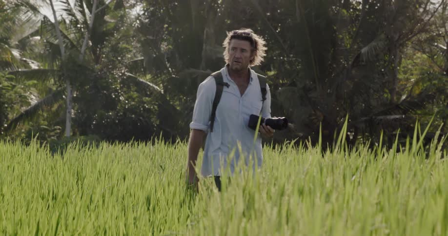 Man takes a photograph in a grassy field