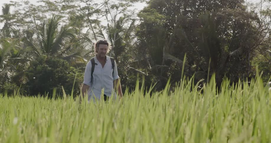 A man walks through a grassy field