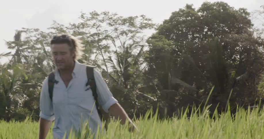 Man with backpack walks through field