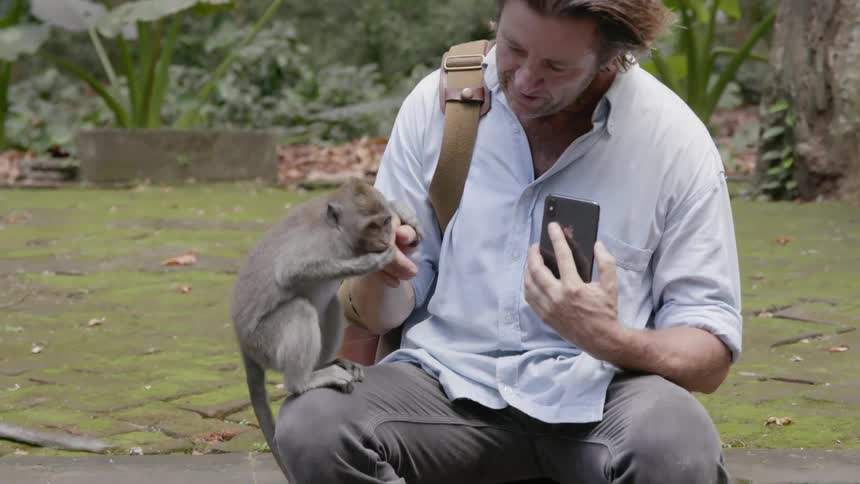 A man feeds a monkey while holding his phone