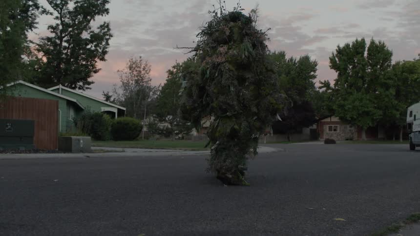 A person in a foliage camouflage suit walks down a neighborhood road