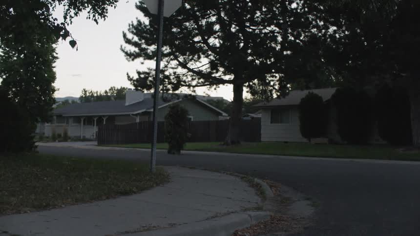 A person in a ghillie suit walks down a neighborhood road