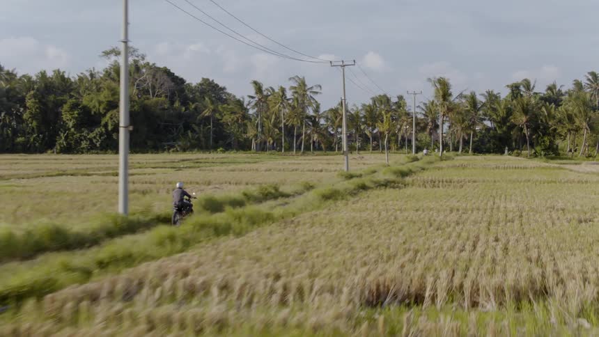 Person on motorcycle crosses pathway between two fields