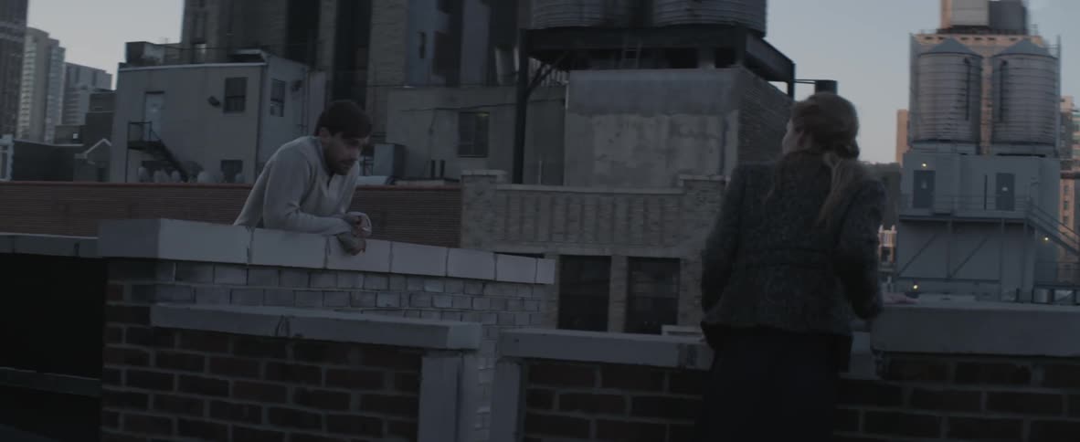 A man and woman talking while leaning against rooftop walls