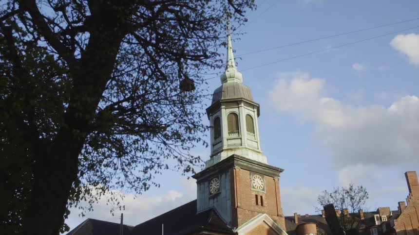 A tree next to a building with a clock tower and spire
