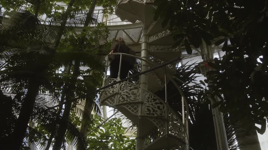 A person is climbing the spiral staircase