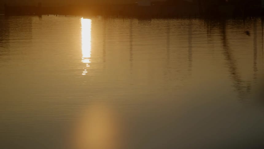 Sunlight is gleaming on a body of water at dawn