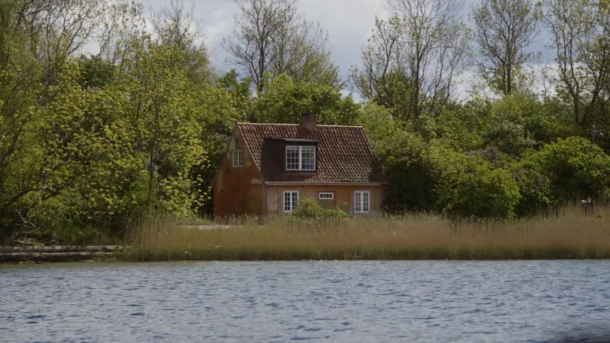 Flowing river runs behind a small house