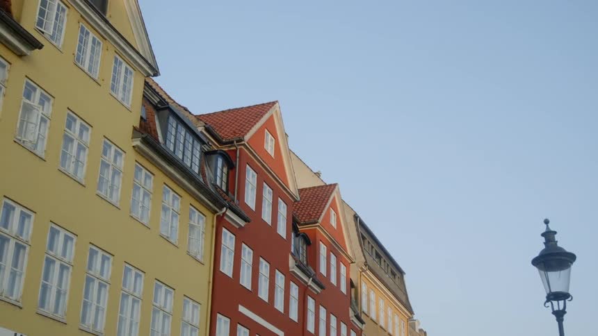 A bird is flying over old buildings on a sunny day