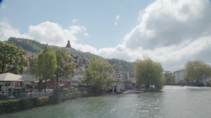 A river flows through a town