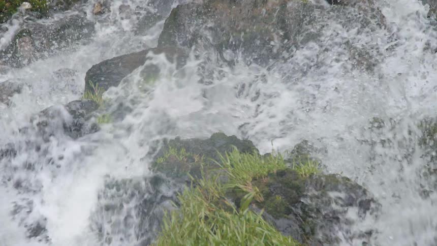 Water rushes over rocks and grass
