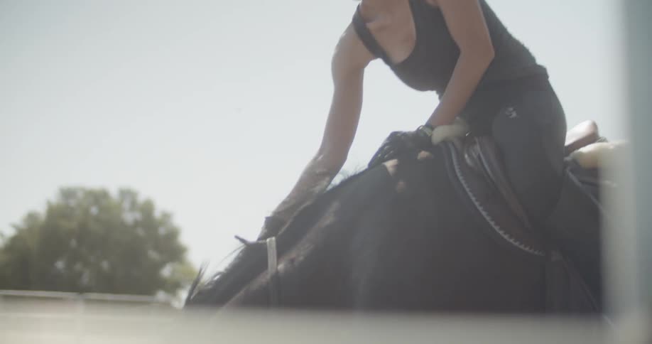 Woman rides a horse on a ranch
