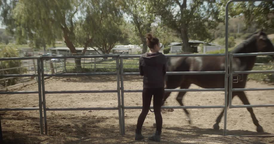 Woman watches as a horse gallops in a pen
