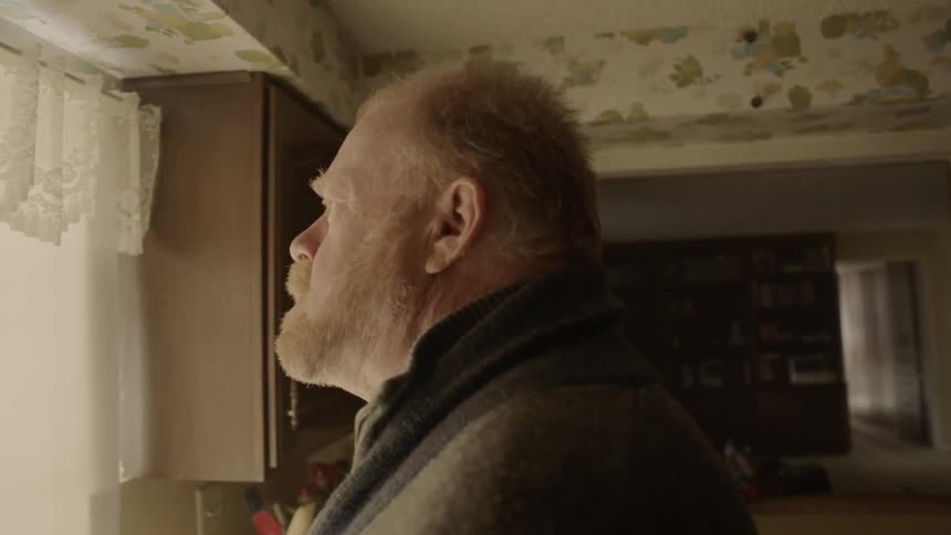 A man looks out the kitchen window