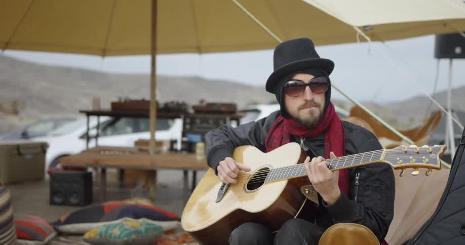 A man plays an acoustic guitar