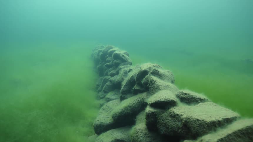 A stone wall and grass are under water