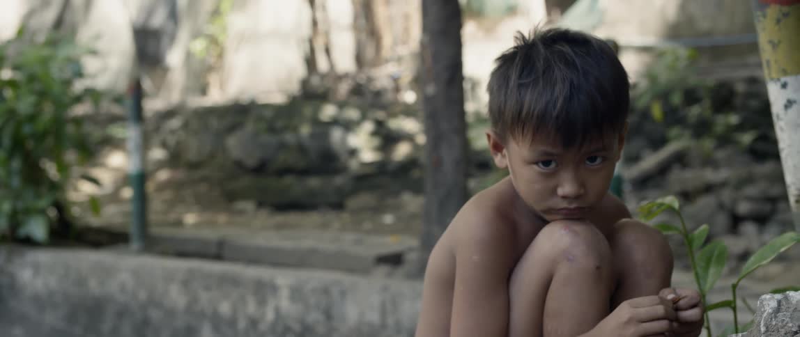 A young boy tears leaves outside
