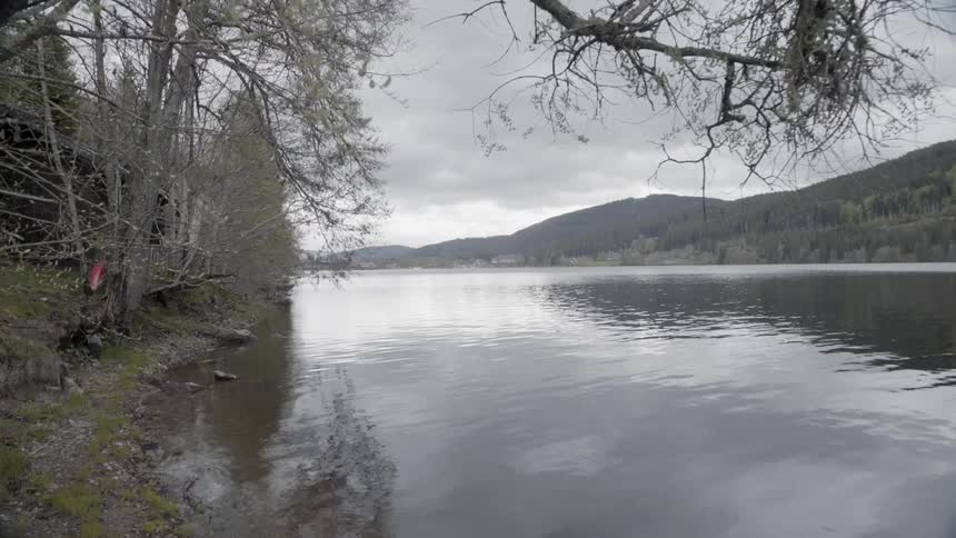 Water flows in a river on a cloudy day
