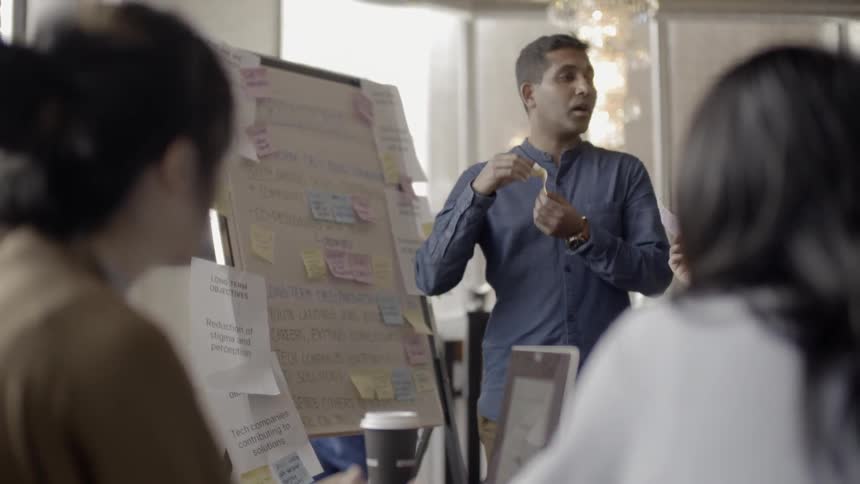 A man is giving a presentation near the whiteboard