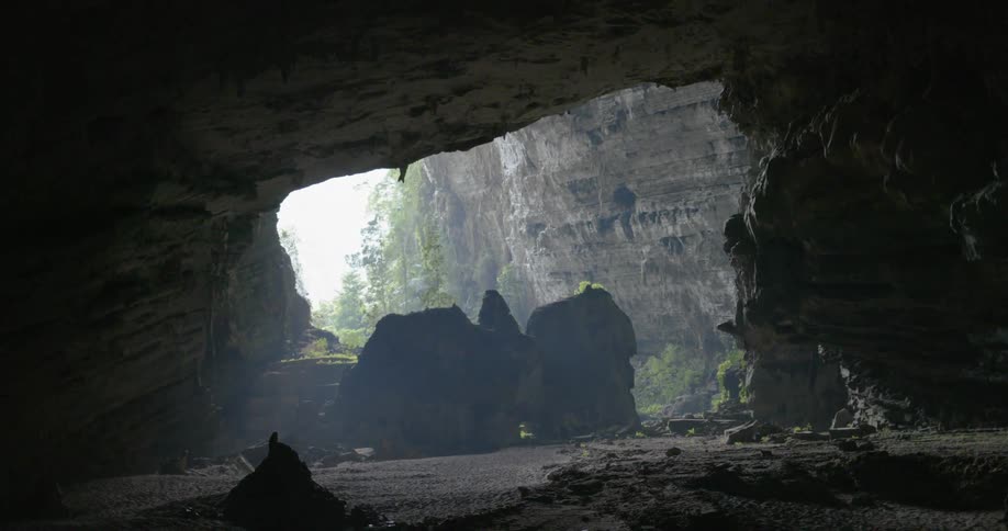 Rocks sit in a cave