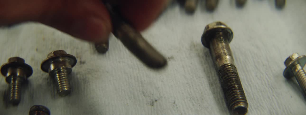 Hand picks up a small screw among other screws