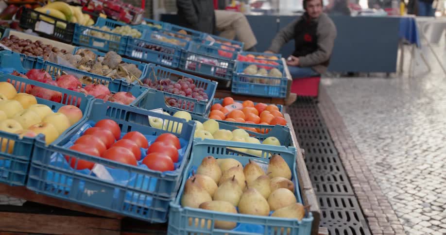 Produce is displayed for sale in a market