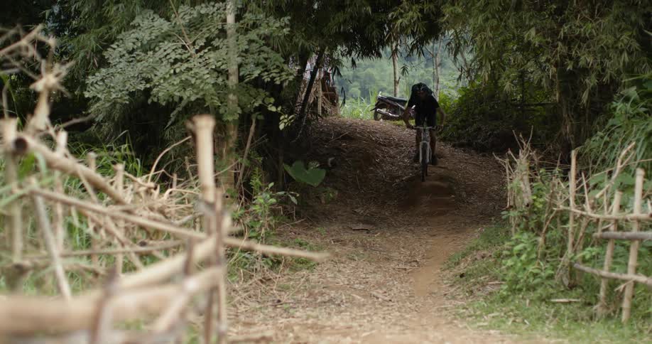 Boy rides bicycle along a path