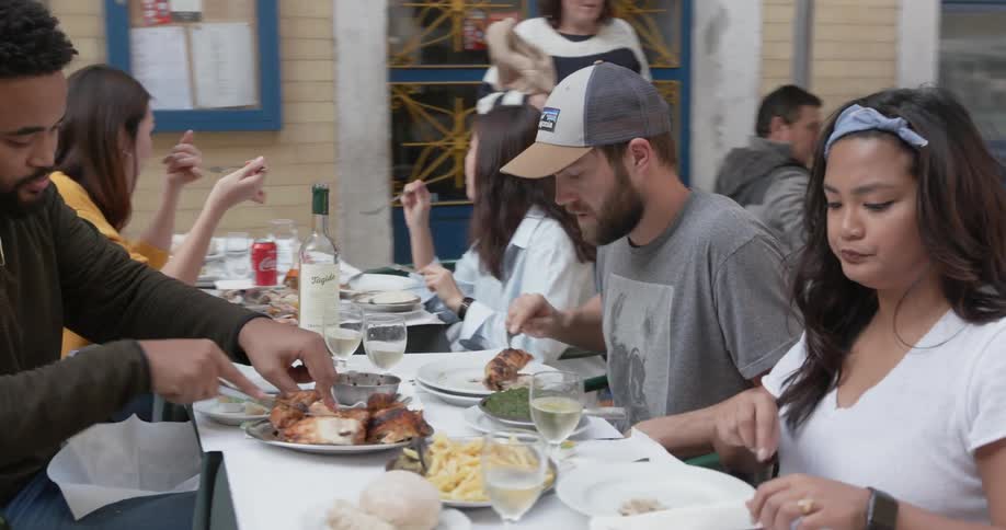 People dine on a patio