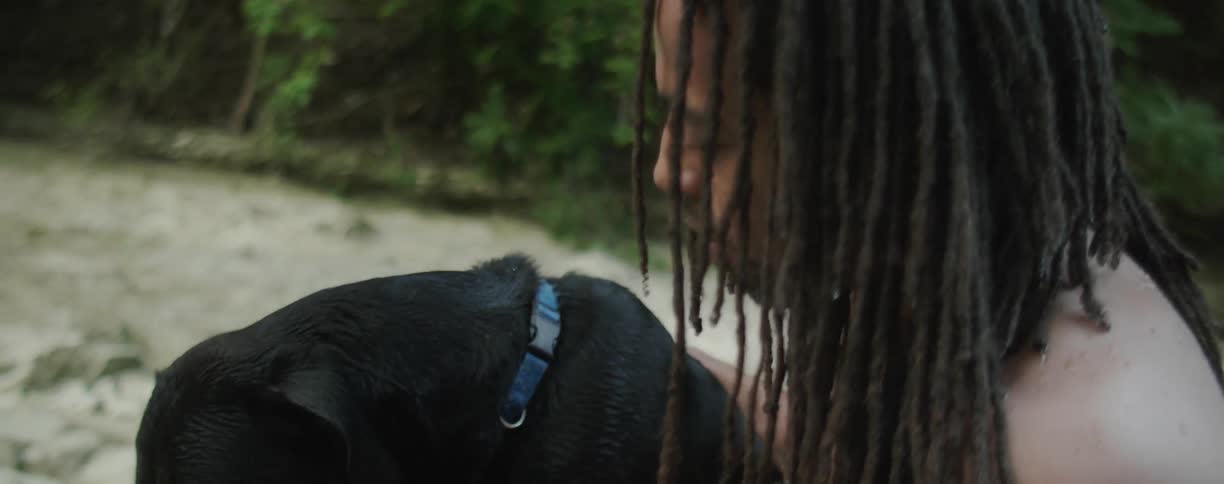 Man is petting dog on sandy beach